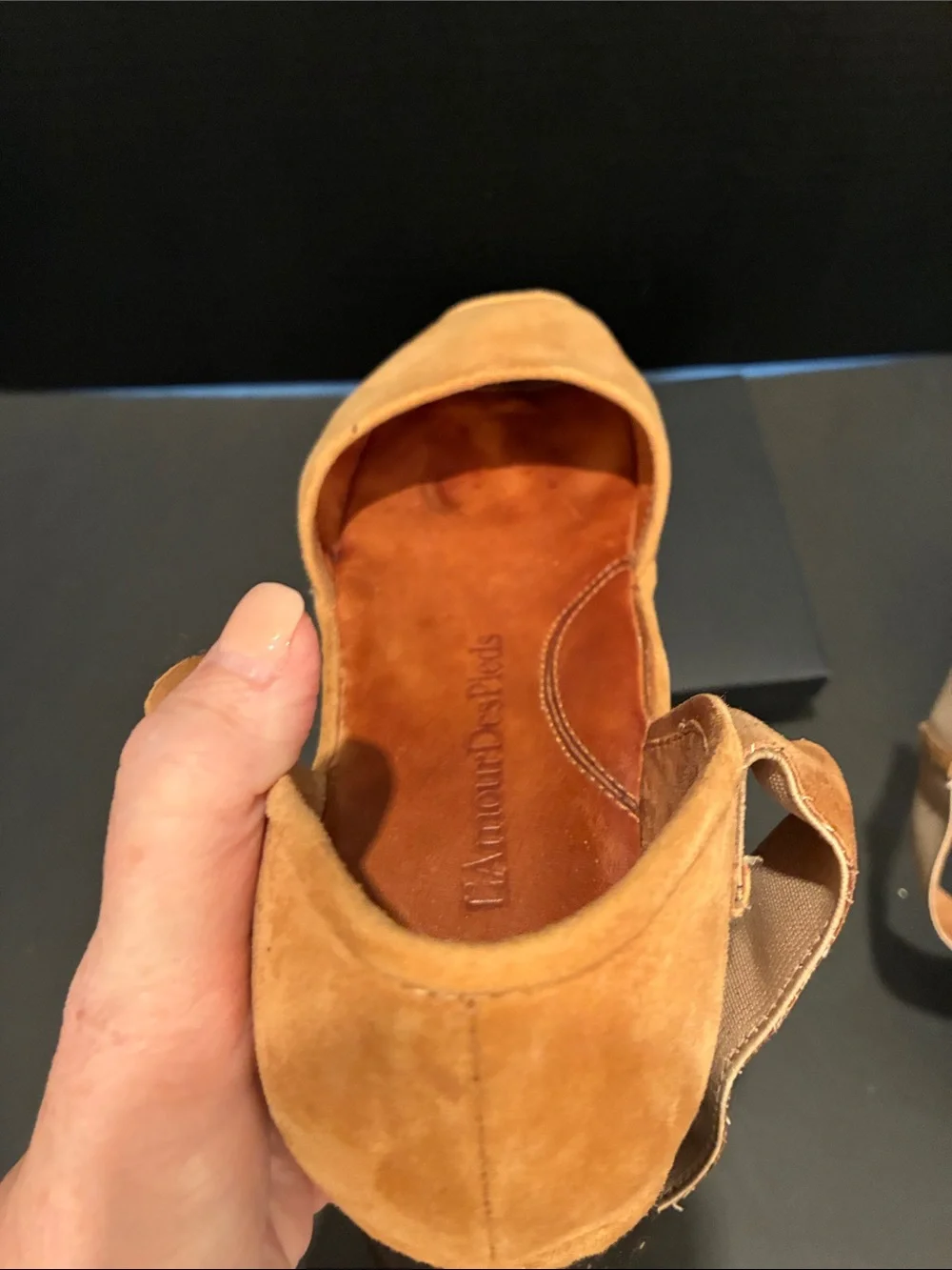 L'Amour Des Pieds Amadour platform sandal in tan suede.  Open Toe/Mary Jane